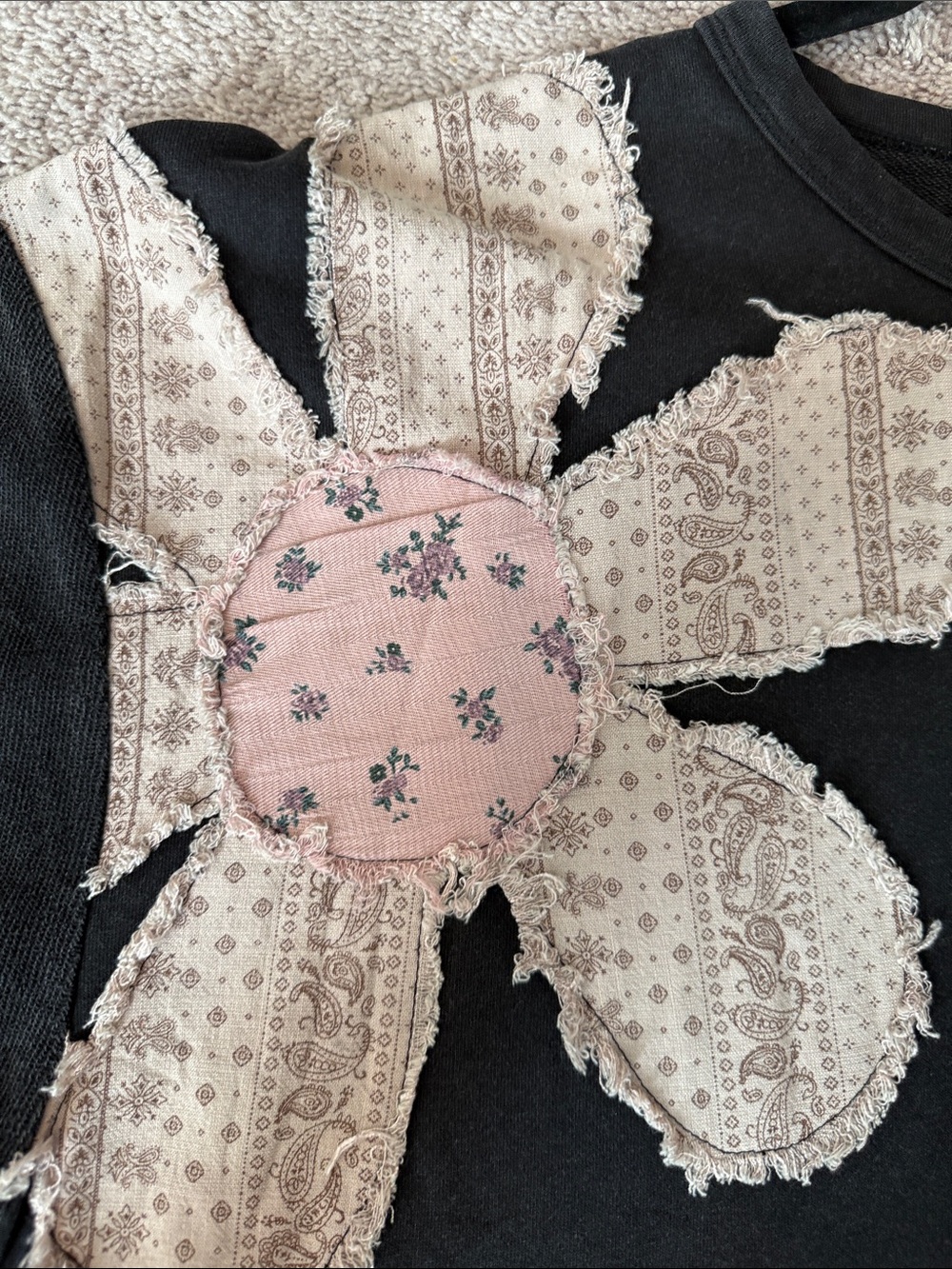 Umgee Mineral Washed Black Sweatshirt with Pink Floral Patchwork - Picture 16 of 16